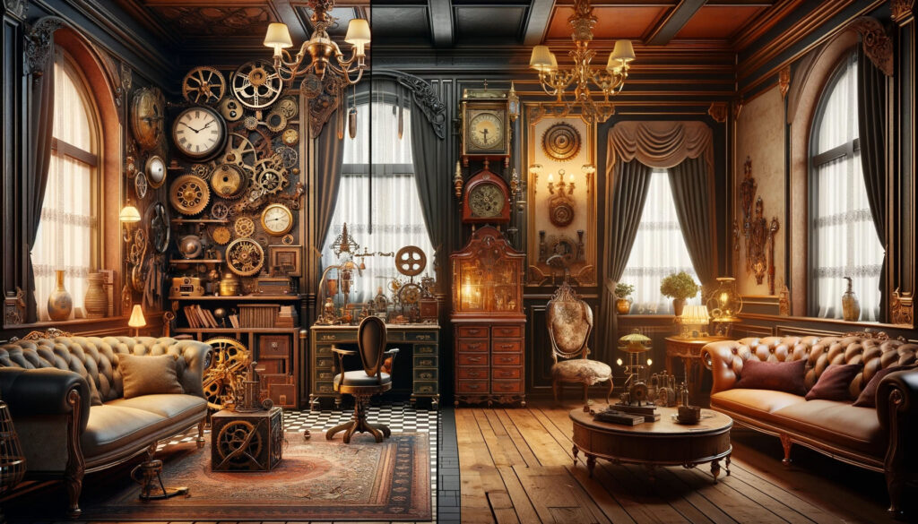 An imaginative steampunk-themed study with vintage clocks, brass gears, and Victorian furniture, next to an elegant traditional living room with classic furniture and rich color palette.